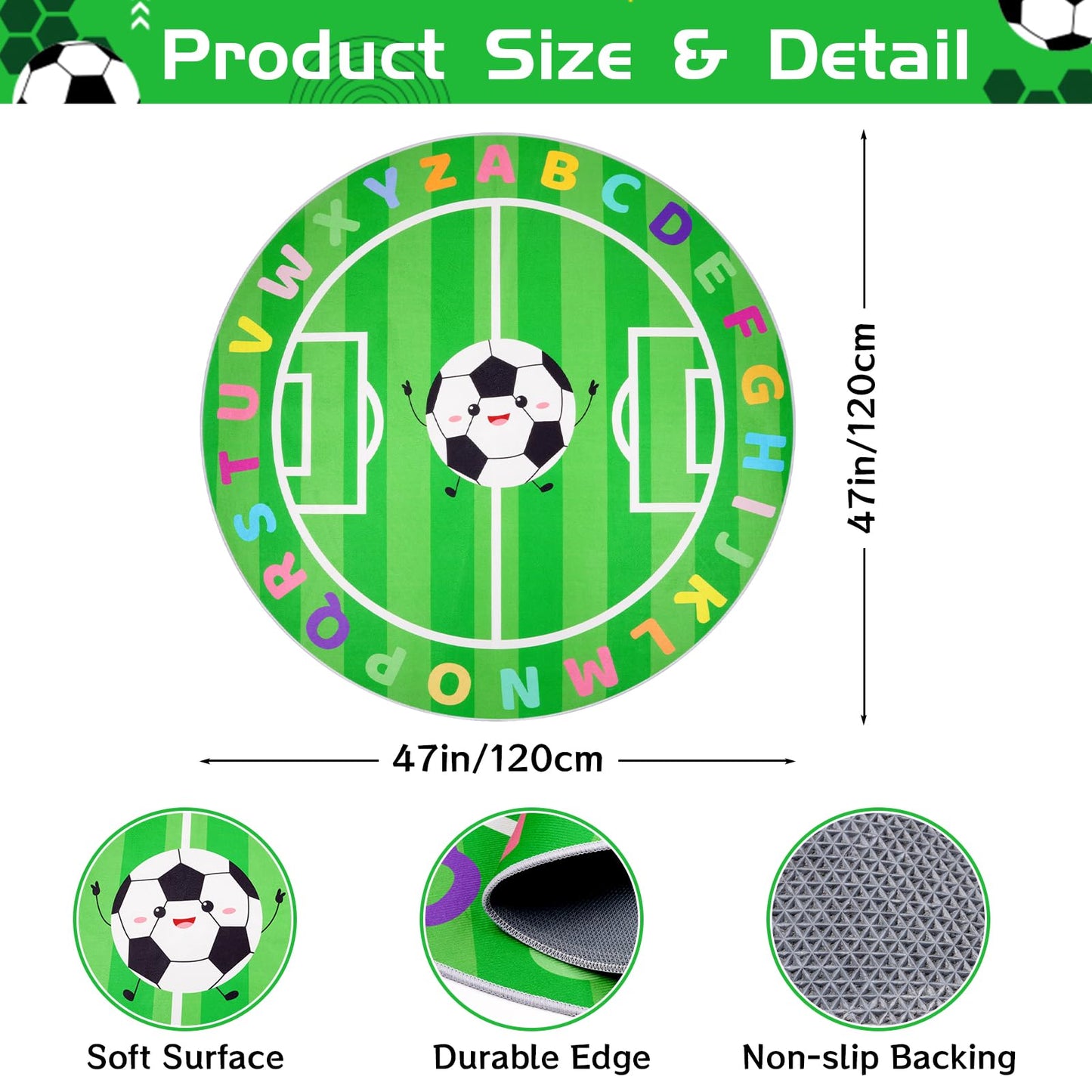 ZeffuLyne ABC Circle Rug, 4ft Playroom Rug with Soccer & ABC Alphabet, Soft Soccer Rugs for Kids, Non-Slip Circle Rugs for Baby, Toddlers, Boys Girls