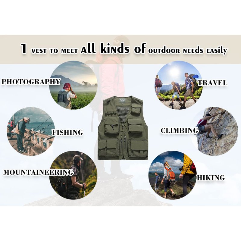 Flygo Men's Casual Lightweight Outdoor Fishing Work Safari Travel Photo Cargo Vest Jacket Multi Pockets(Large, Army Green)