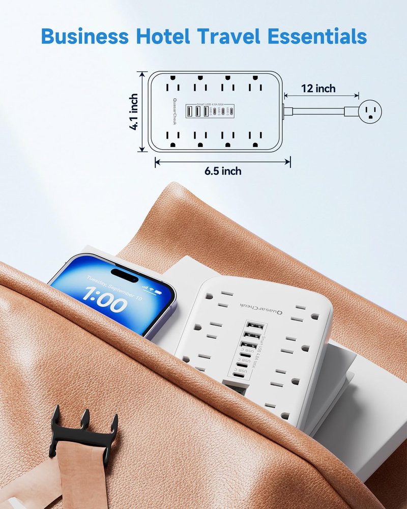 Short Extension Cord 1 ft, Small Power Strip Flat Outlet Extender Surge Protector with 8 AC Outlets 6 USB (5V/4.8A 24W), Mini Extension Cord Flat Wall Plug for Home Office Dorm Kitchen Bathroom