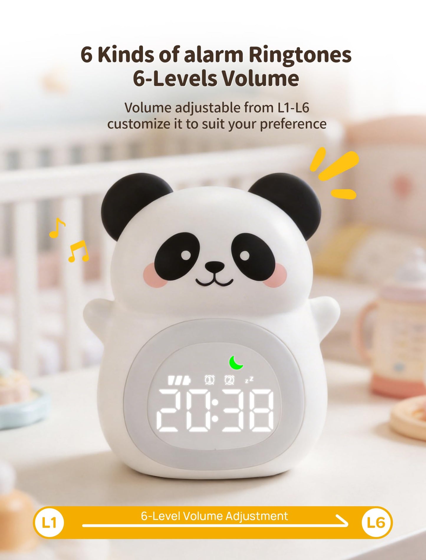 MASHI Panda Kids Alarm Clock, Sun & Moon Sleep Trainer for Toddlers, Cute Animal OK to Wake Clock with 9 Color Night Light, 6 Soothing Sounds, Dual Alarm, for Boys & Girls
