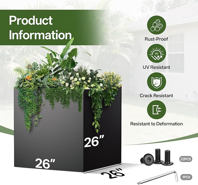 Metal Planter Box, 26" x 26"x 26", Heavy-Duty Galvanized Steel Outdoor Planter with Drainage Holes, Rectangular Planter for porches, Gardens, patios, and courtyards，Black