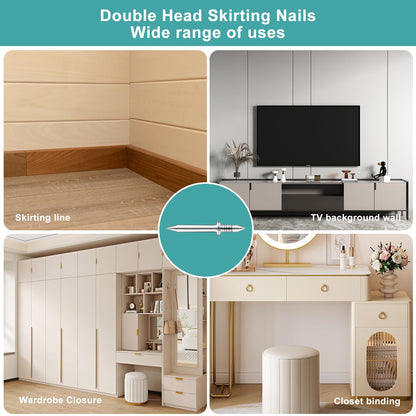 600PCS Krttwwx Double Headed Skirting Seamless Nails, Double Sided Invisible Nails, No Mark with 6 Tools, for Furniture, MDF or Solid Wood Baseboards & Trim Casing Work - 0.67" x 0.39"