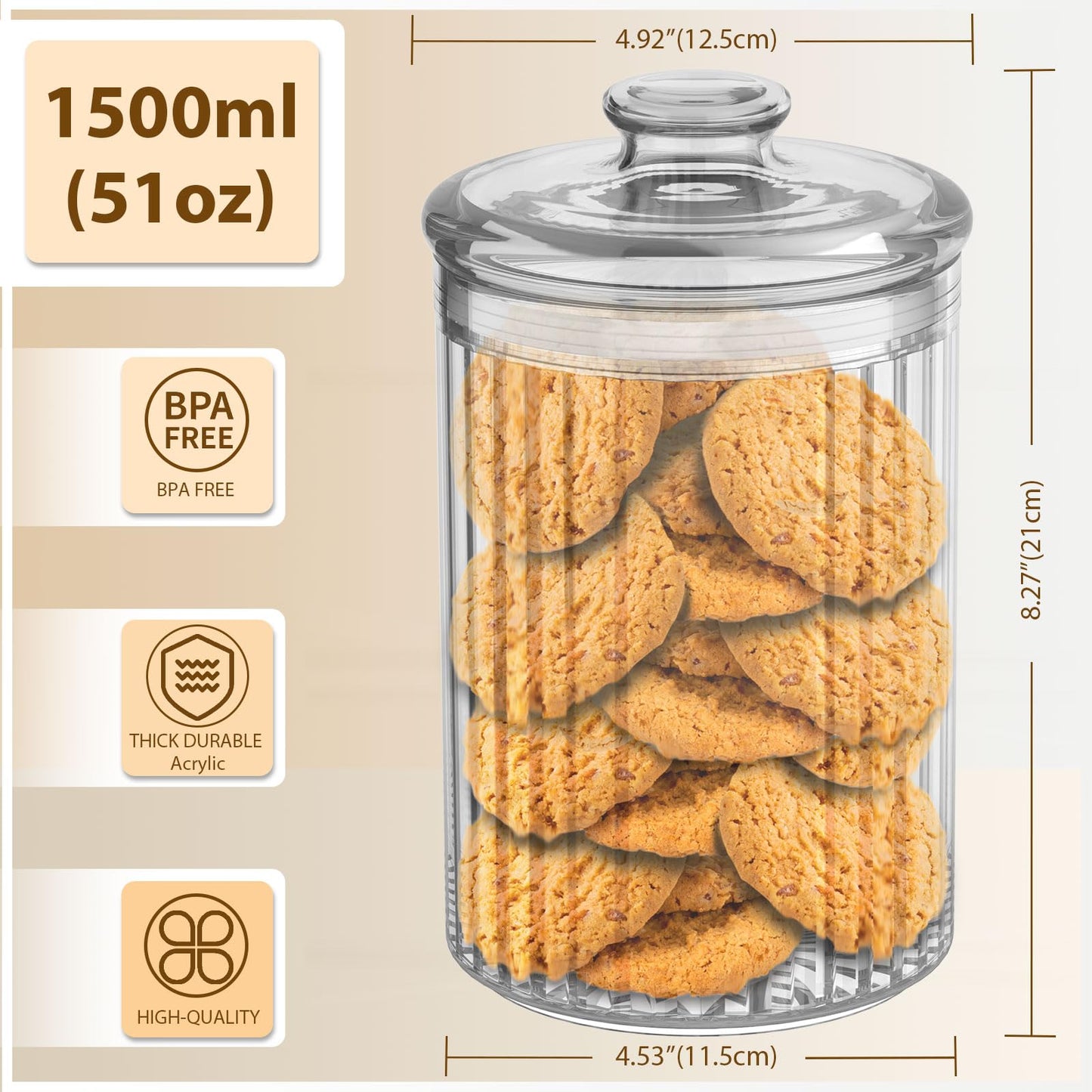 Vinkoe Cookie Jar, 51oz Acrylic Candy Jars with Lids, Apothecary Jars, Clear Cookie Jars for Easter, Christmas, Candy Buffet, Office Desk, Party Table, Nuts, Cookies, Chocolate, Coffee Pod, Tea