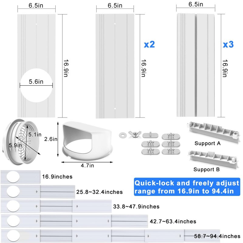 Portable Air Conditioner Sliding Door Vent Kit, Mobile AC Window Vent Kit for 5.0"/5.9” Exhaust Hose, Seamless AC Vent Seal Kit with 6 Upgraded Plates for A/C Unit Sliding Door/Window