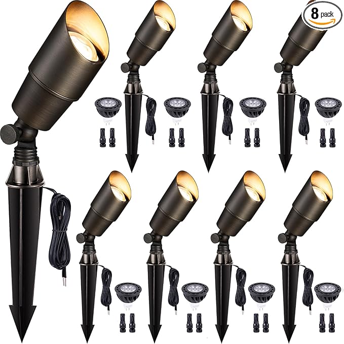 Gardenreet Spot Light Brass - Outdoor Landscape Spotlights 12V, LED Low Voltage Landscaping Uplights, All Weather Hard-Wired Bronze for Backyard Lawn with Cold White Changeable Bulbs (8 Pack)