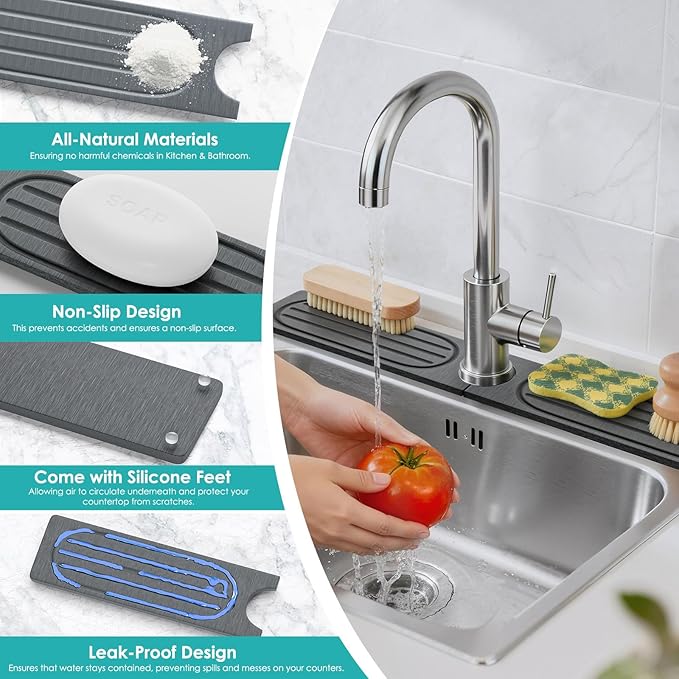 4Pcs Stone Faucet Mat for Kitchen Sink, Diatomite Quick Dry Water Absorbing