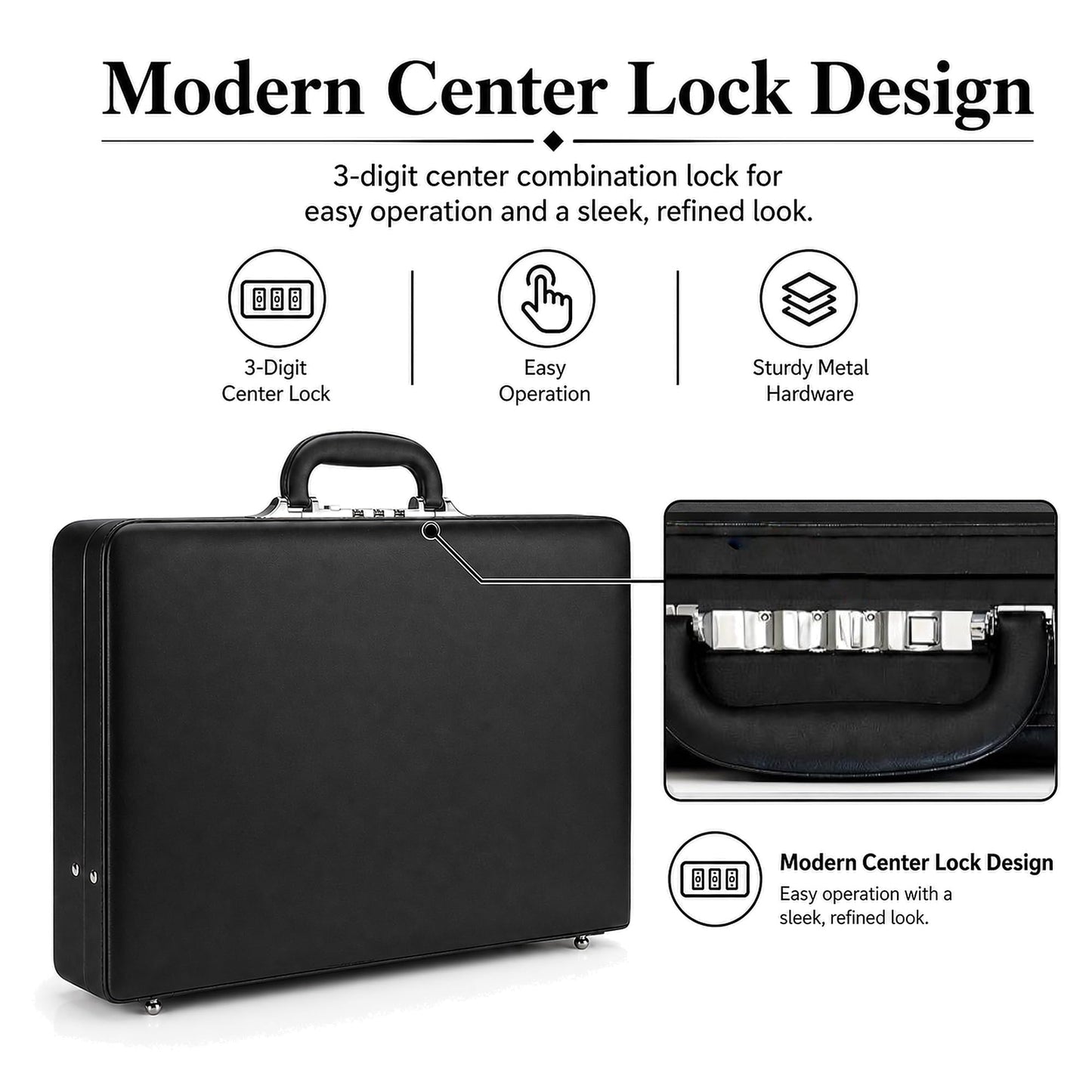 HAESTUS Leather Briefcase for Men with Combination Lock, Classic Hard Shell Attache Case in Black, Fits 16 Inch Laptop