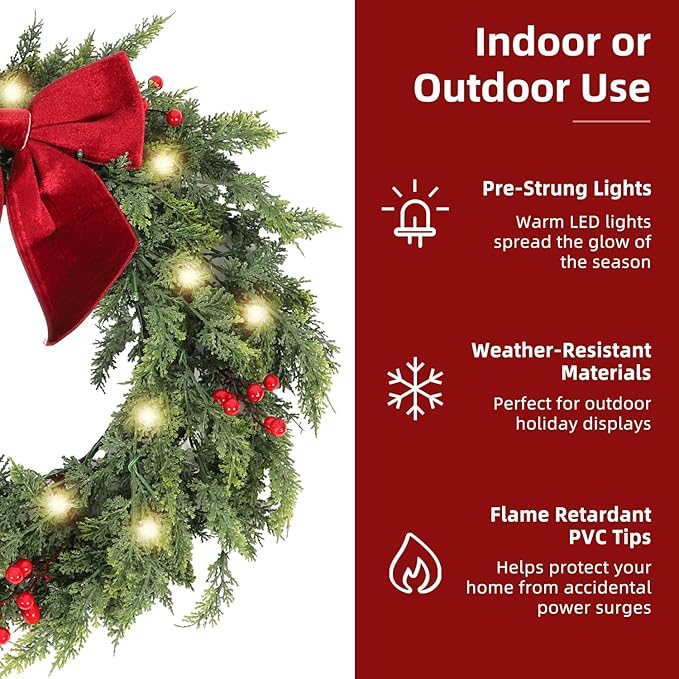 26 Inch Christmas Wreaths for Front Door with Lights,Lighted Cedar Door Wreath,Prelit Real Touch Artificial Green Winter Wreath with Large Burgundy Velvet Bow for Indoor Outdoor Decor