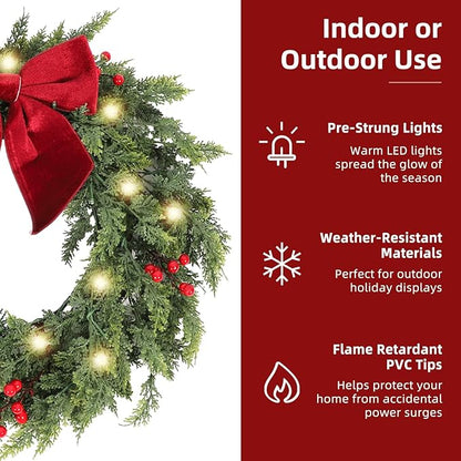 26 Inch Christmas Wreaths for Front Door with Lights,Lighted Cedar Door Wreath,Prelit Real Touch Artificial Green Winter Wreath with Large Burgundy Velvet Bow for Indoor Outdoor Decor