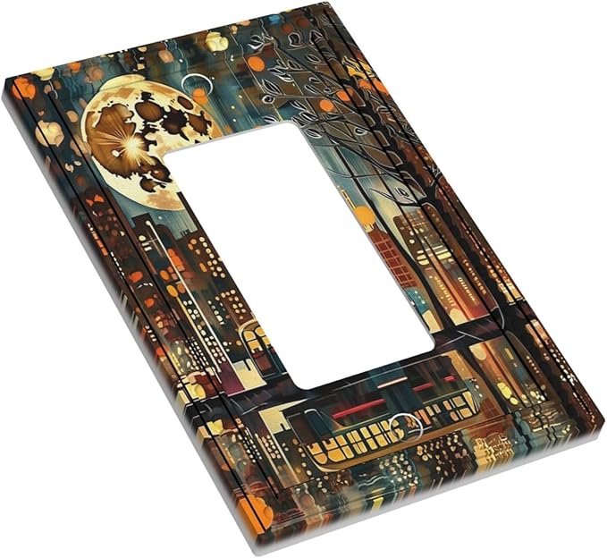 City Light Moon Bus Abstract Art Single Decora Outlet Wall Plate 1 Gang Rocker Decorative Switchplate Faceplate GFCI Light Switch Covers for Home Living Decor