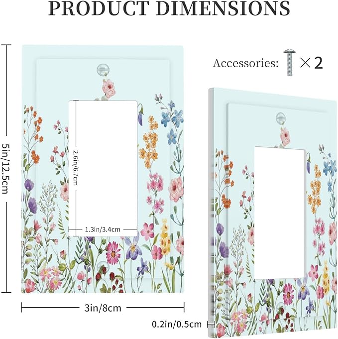 Rustic Wild Floral Vintage Blue Watercolor Flower 1 Gang Rocker Light Switch Covers Decorative Unique Single Decora Outlet Wall Plate Faceplate Switchplate GFCI for Bedroom Decor