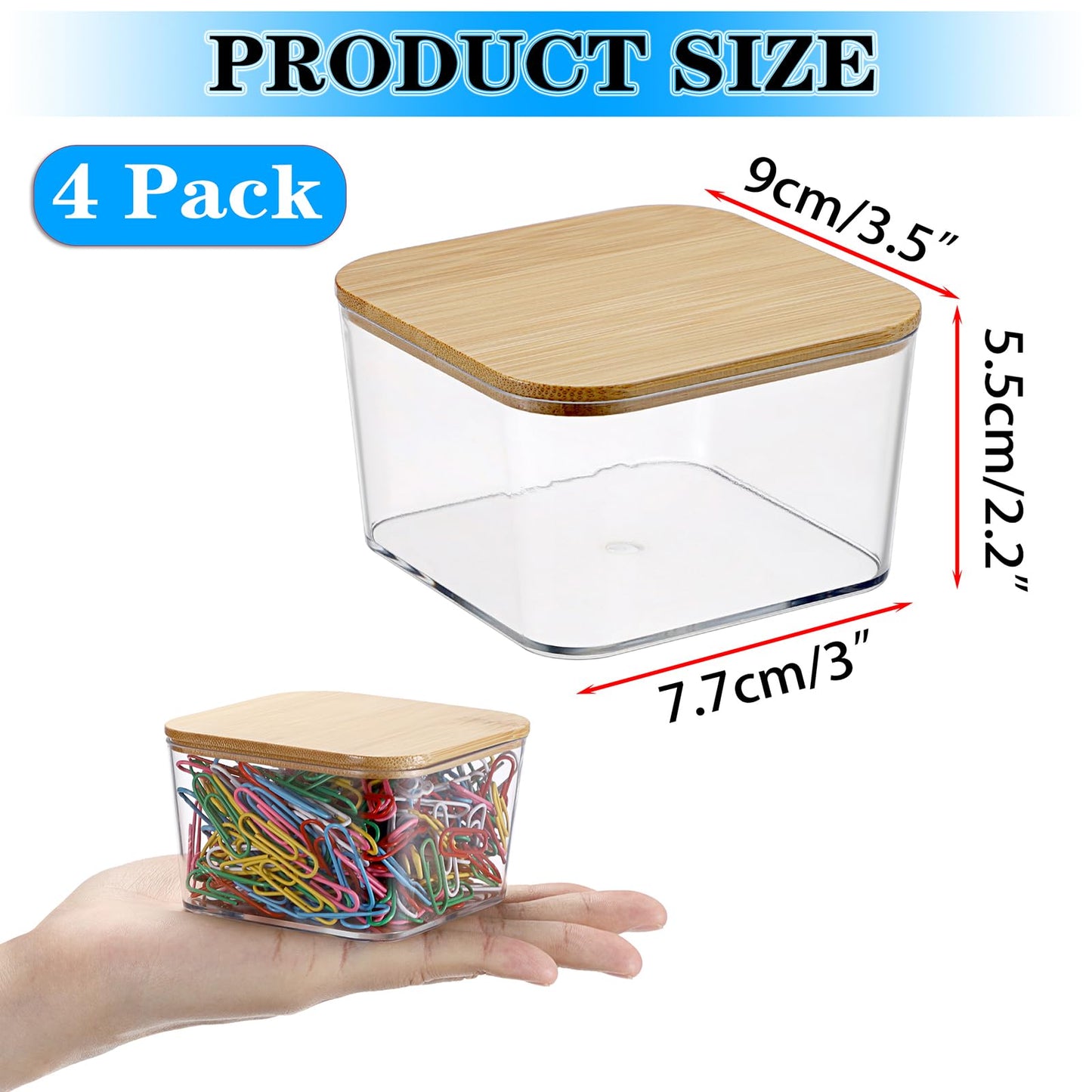 BTSKY 4 Pack Clear Stackable Paper Clip Holder with Bamboo Lid Paperclip Box Plastic Cute Office Supply Accessory Organizer Square Small Storage Holder Cute Qtip Holder for Office Bathroom Vanity