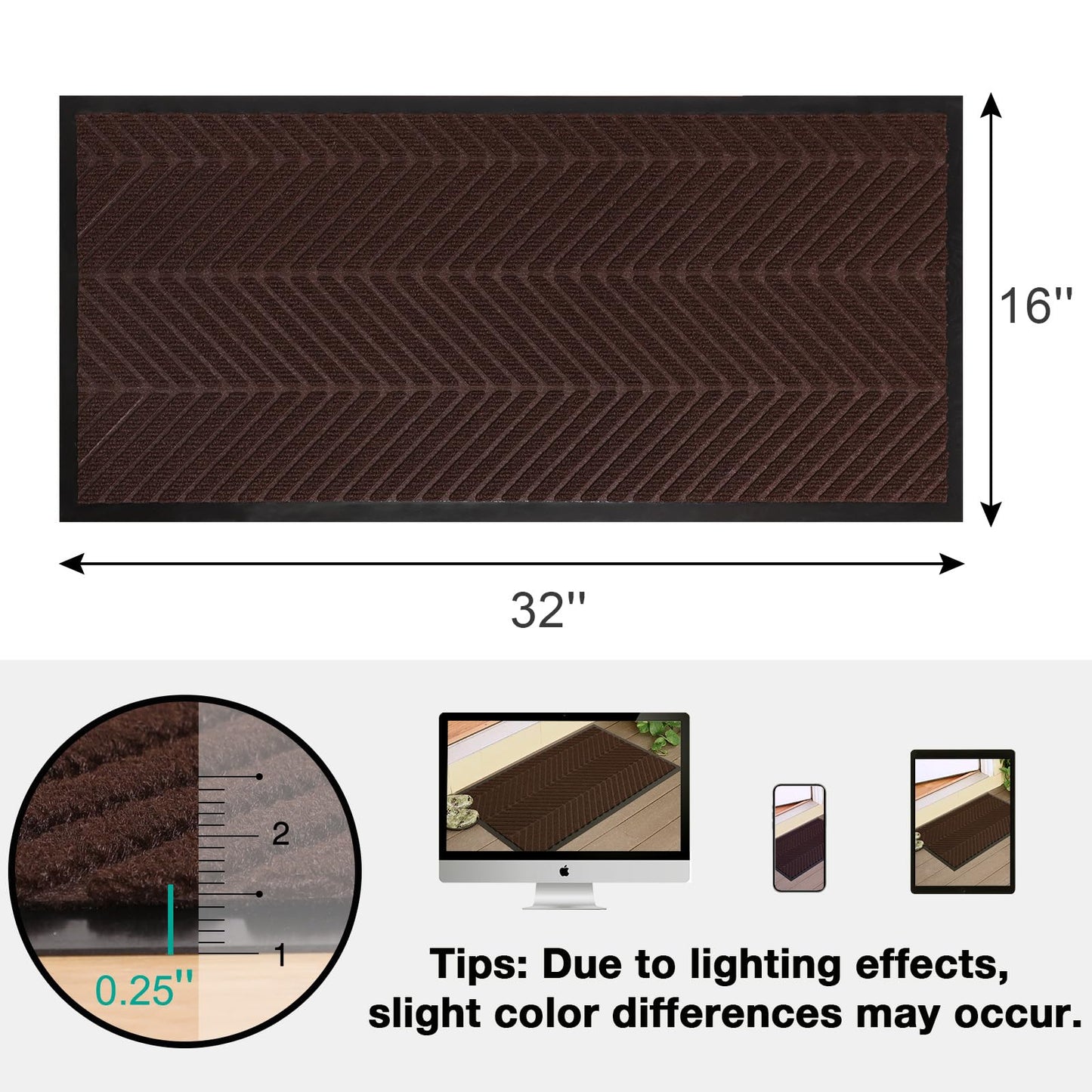 ZPAI 16" x 32" Dark Brown Front Door Mat Indoor Outdoor, Low Profile Welcome Doormat for Entrance, Waterproof All-Weather Entry Mat for High Traffic Area