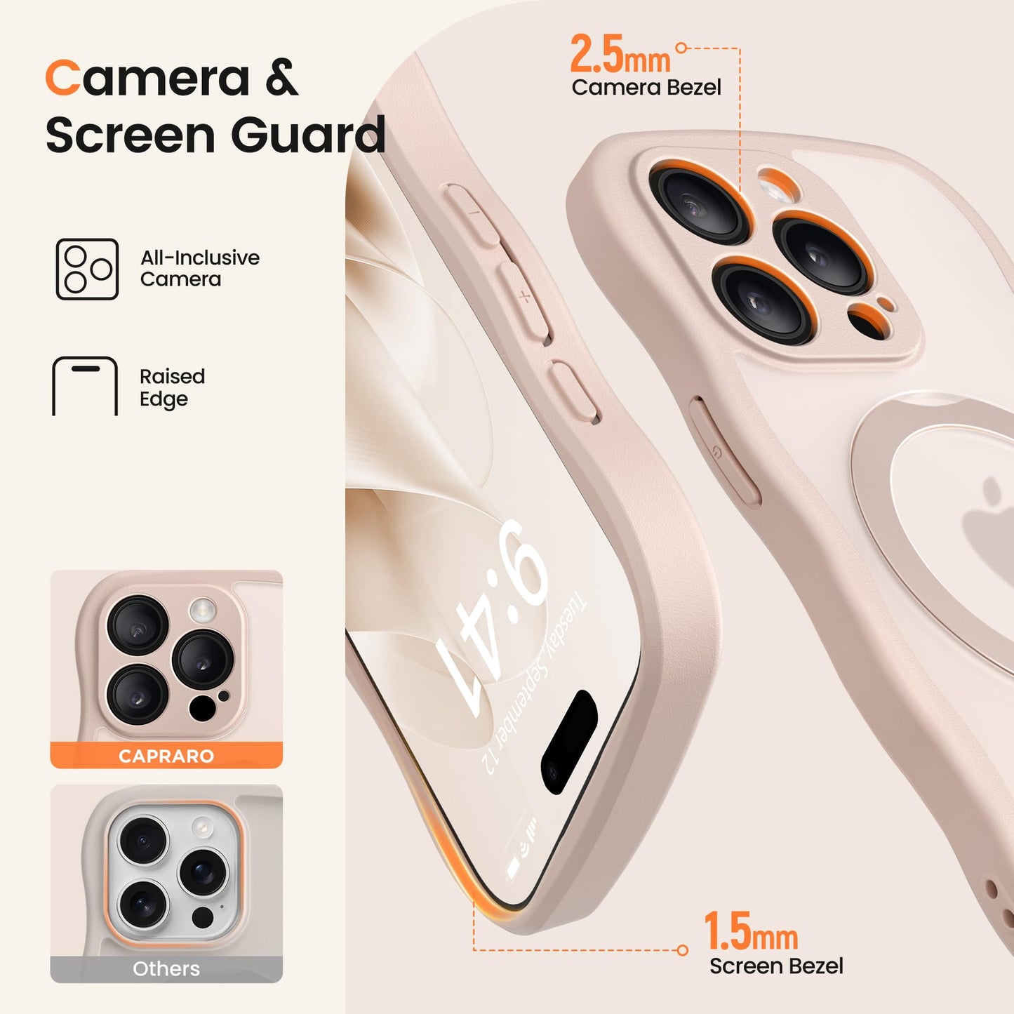 CAPRARO for iPhone 15 Pro Max Case with 360° Spin Magnetic Stand for Women, [Compatible with MagSafe] [Full Camera Protection] Cute Wave Translucent Matte Case for iPhone 15 Pro Max, Rose Gold