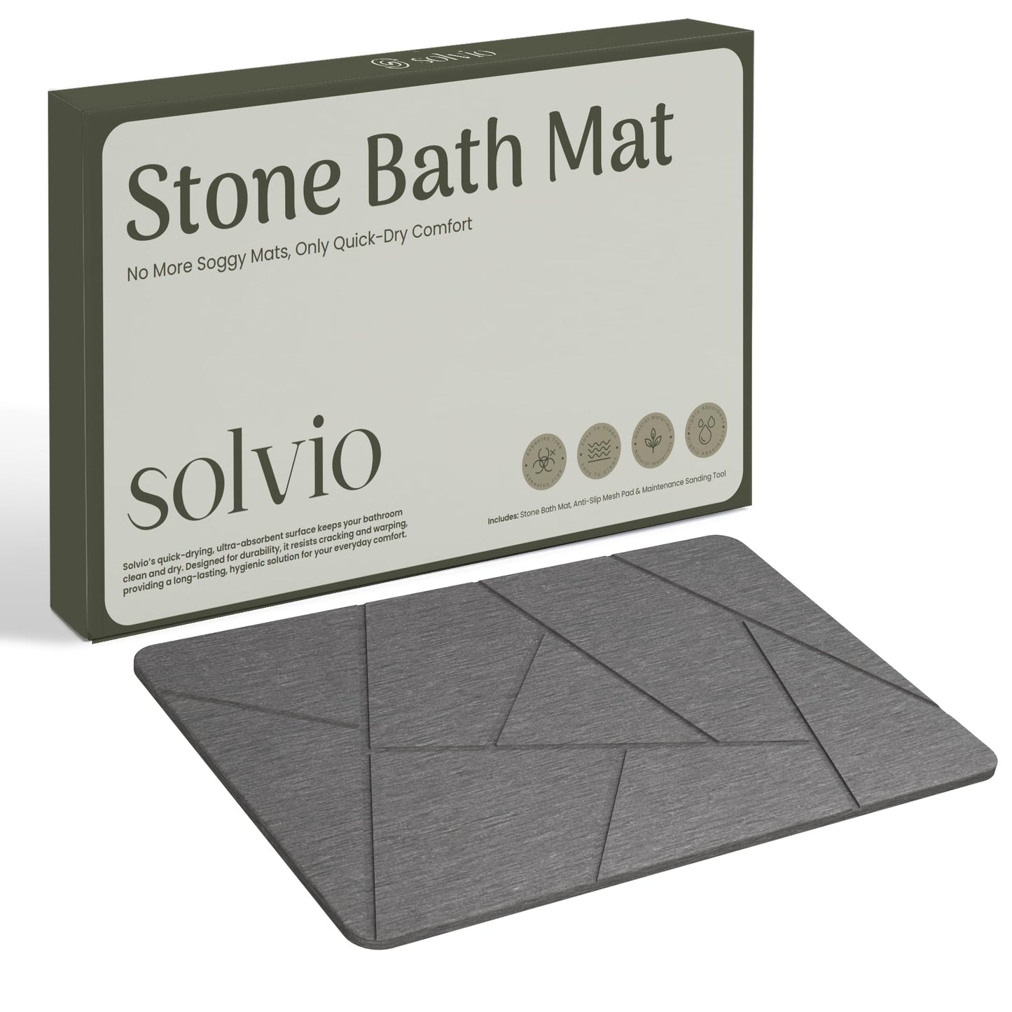 Solvio Quick Dry Shower Stone Bath Mat, Super Absorbent & Non-Slip 24 x 16 Inch Diatomaceous Earth Mat, Durable & Easy to Clean Diatomite Bath Mat for Bathroom Floor/Kitchen (River Silt)