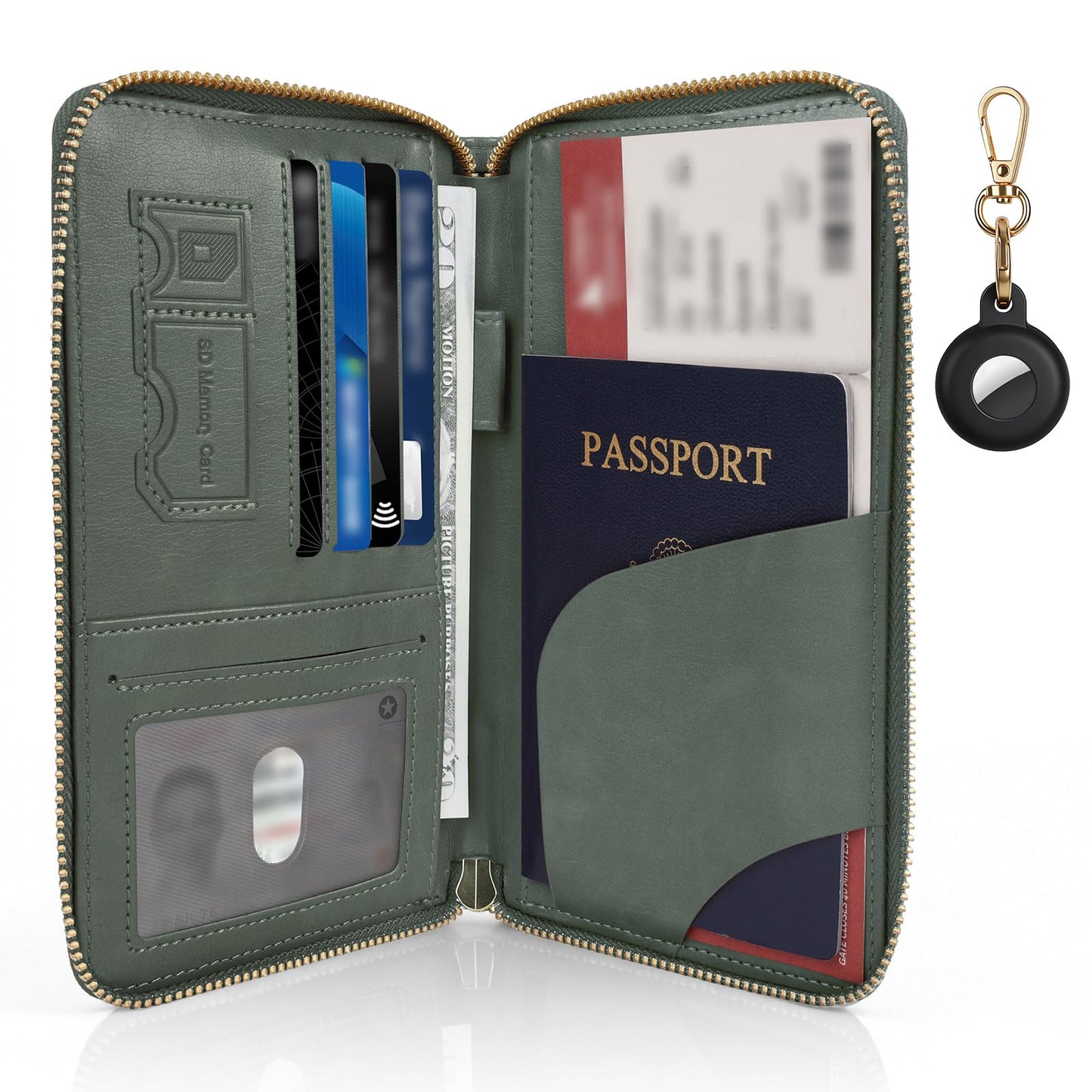 Playexen RFID Blocking Passport Wallet, Anti Theft PU Leather Passport Pouch with Tracker Case, Travel Document Organizer Zipper Wallet with Wrist Strap, Gifts for Women and Men (Green)