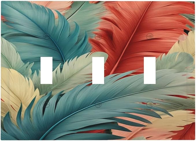 Colorful Feathers Blue Red Light Switch Covers 3 Gang Triple Toggle Wall Plate Decorative Switchplate Electrical Faceplate for Farmhouse Living Decor