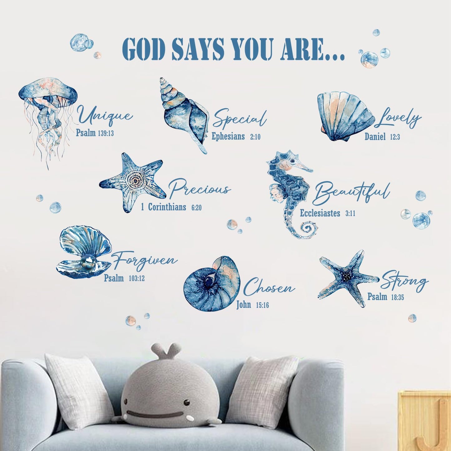 Yovkky Religious God Says You are Inspirational Wall Decals Stickers, Marine Animal Sea Shell Starfish Seahorse Jellyfish Home Bedroom Decor, Coastal Beach Ocean Living Room Kitchen Decorations Art