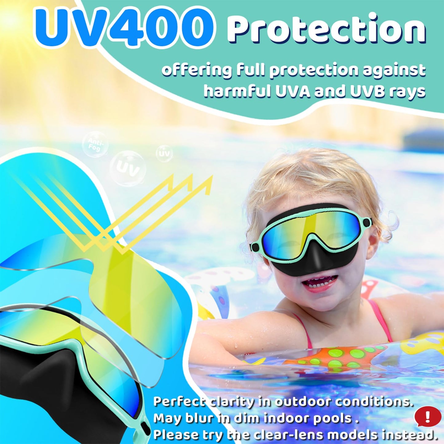 Vvinca Swim Goggles with Nose Cover, 2 Pack Wide View Diving Mask Anti-Fog UV No Leak Toddlers Swimming Goggles for Kids 3-12