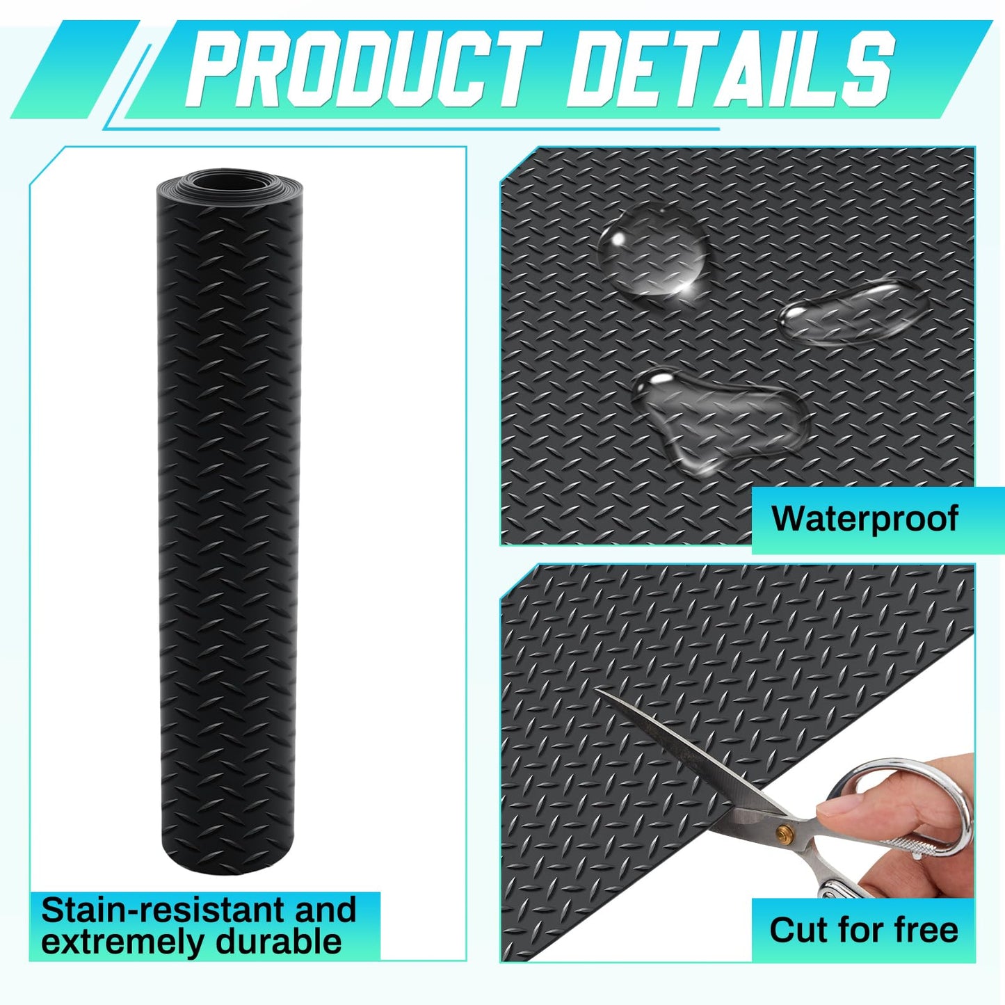 Breling 16 in x 20 ft Rubber Diamond Plate Rolls Garage Floor Mat for Under Car, Heavy Duty Flooring Rug for Trailers Garage, PVC Water/Stain Outside Stall Resistant Parking Rv Tool(Black)
