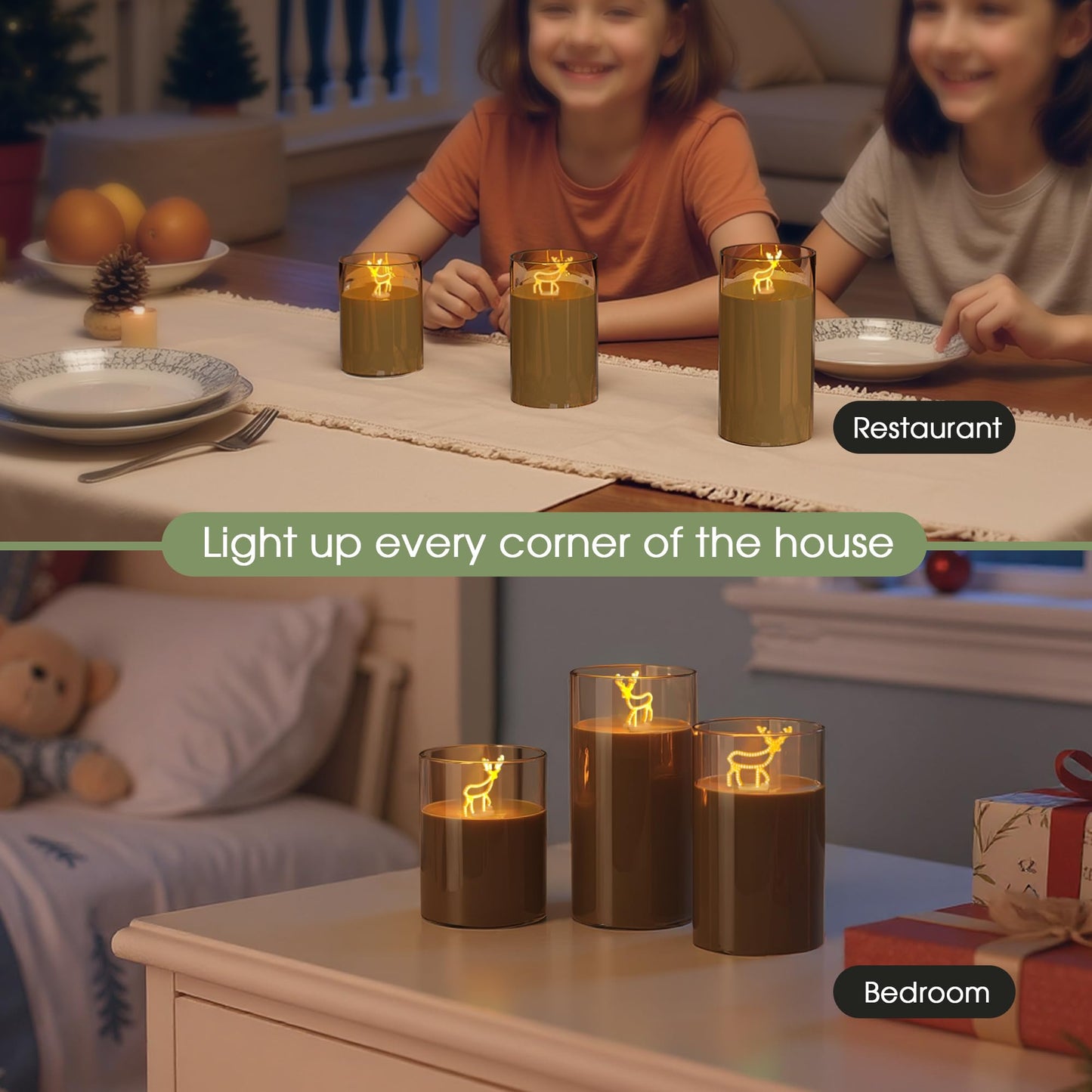 L LOHAS LED Electronic Candle Night Lights with Remote, 3-Pack Reindeer LED Flameless Candles, Battery Operated Flickering Night Light, 5 Brightness Levels & Timer, for Holiday Home Decor