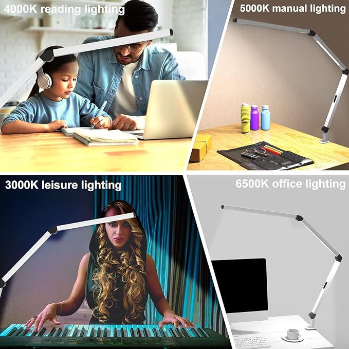 Micomlan LED Desk Lamp with Clamp, Dual Light Table Lamp with Adjustable Swing Arm, Eye-Care 4 CCT Modes & 5 Brightness Levels Clip-on Architect Modern Desk Light for Home Office Crafting Sewing