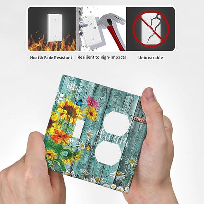 Decorative Light Switch Cover Plate Rustic Vintage Wood Planks Sunflower Butterfly 2 Gang Outlet Covers 1 Toggle 1 Duplex Wall Plate Decorate Electrical Switch Plate Covers for Bathroom Home Decor