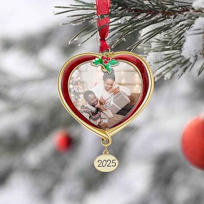 Christmas Tree Ornament Picture Frame Metal Hanging Pendant Holiday 2.5" Photo Frame Charm Decorative of Pets, Baby First Christmas, Family (2025 Red & Golden)