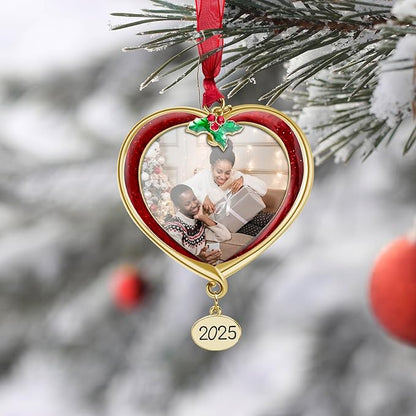 Christmas Tree Ornament Picture Frame Metal Hanging Pendant Holiday 2.5" Photo Frame Charm Decorative of Pets, Baby First Christmas, Family (2025 Red & Golden)