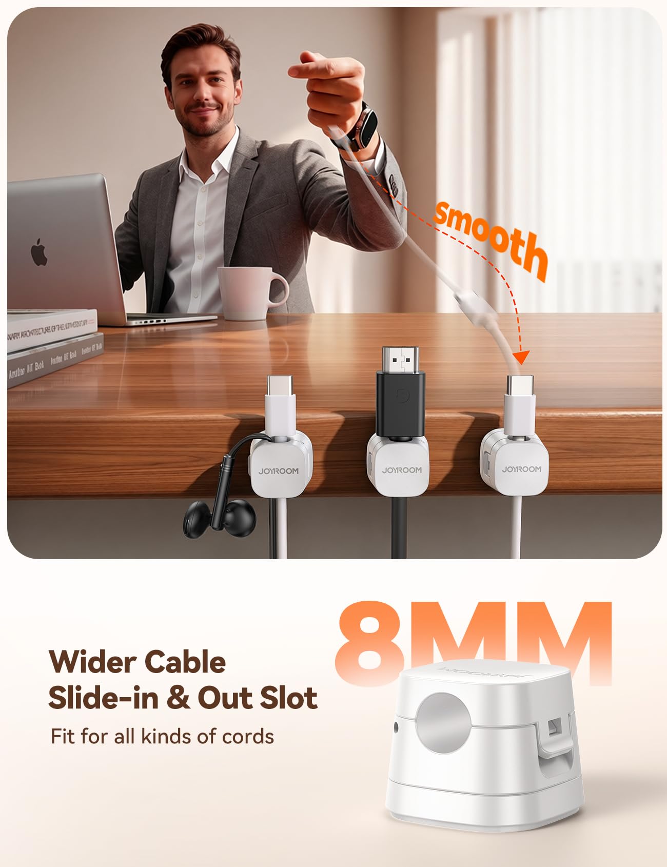 JOYROOM Detachable Magnetic Cord Organizer w/Secure Snap-Lock, 2-in-1 Adhesive& Magnetic Cable Clips, Auto-Fit Spring Management for φ1.5~8mm Cables, Under Desk Nightstand Home Office Car Wire Keeper