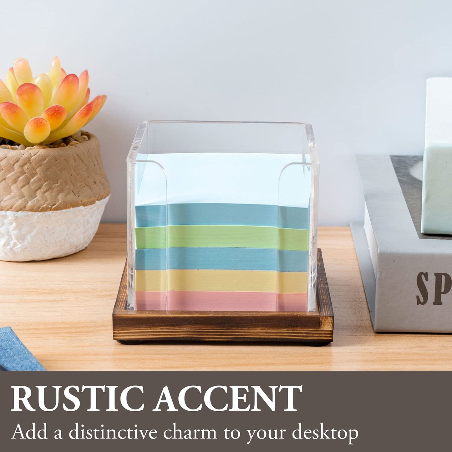 MyGift Acrylic Sticky Note Holder Dispenser with Removable Rustic Burnt Solid Wood Tray, 3-Inch Square Office Desktop Self-Stick Memo Pad Storage Cube