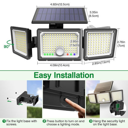 Solar Outdoor Lights Motion Sensor, 2500LM 286 LED Security Flood Lights with Visual Battery & Mode Display, 3 Lighting Modes, IP65 Waterproof 3-Head Wide Angle for Garage, Yard, Patio (2 Pack)