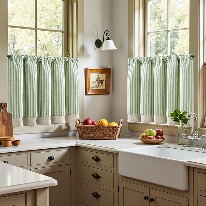 jinchan Double Layer Striped Linen Kitchen Tier Curtain Rustic Cafe for Living Room Bathroom Half Window Curtain Light Filtering Rod Pocket 1 Panel 24 Inch Sage Green