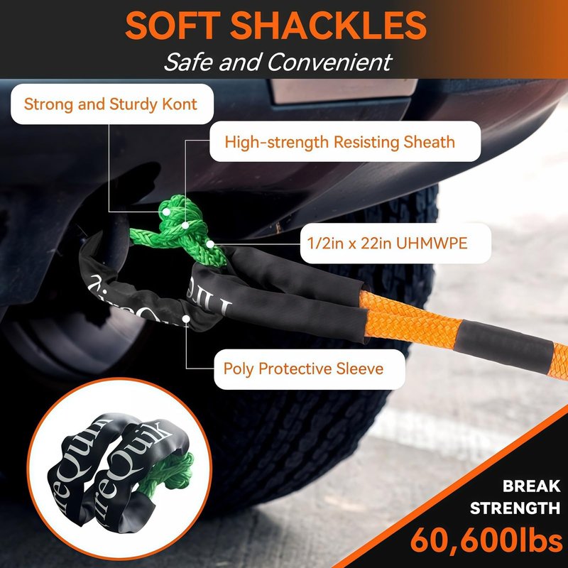 TireQuik Kinetic Recovery Rope 1.26" x 30ft 55000lbs Heavy Duty Offroad Snatch Strap with 2 Soft Shackles, Kinetic Tow Rope Recovery Kit, 35% Elasticity Tow Ropes for Trucks SUV UTV ATV Tractor