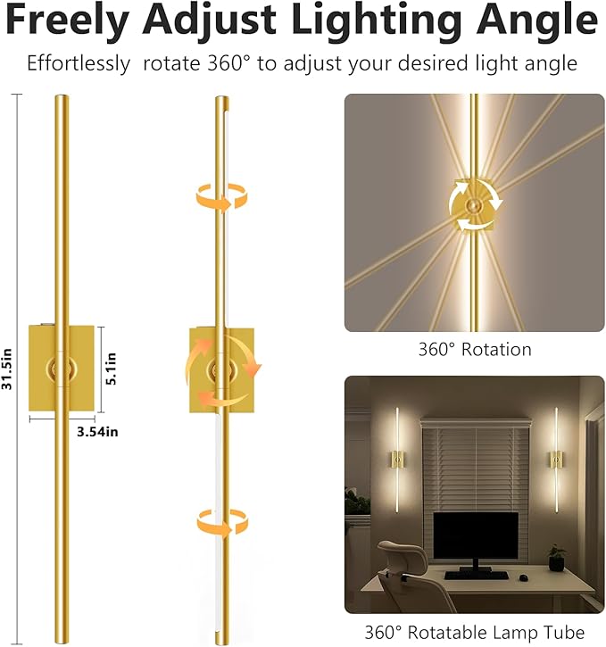 Eneru Battery Operated Wall Sconce Lights - 10000mAh Rechargeable Wireless Wall Sconces Set of Two with Touch and Remote, 360° Rotate, 4 Colors LED Wall Lamp for Living Room Bedroom Hallway (Gold)