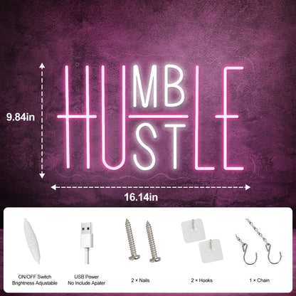 Hustle LED Neon Sign for Wall Decor, Humble Party Decorations, USB Powered Switch Adjustable Brightness LED Neon Lights, for Office Room, Gym Room, Man Cave Decor (Yellow&White)