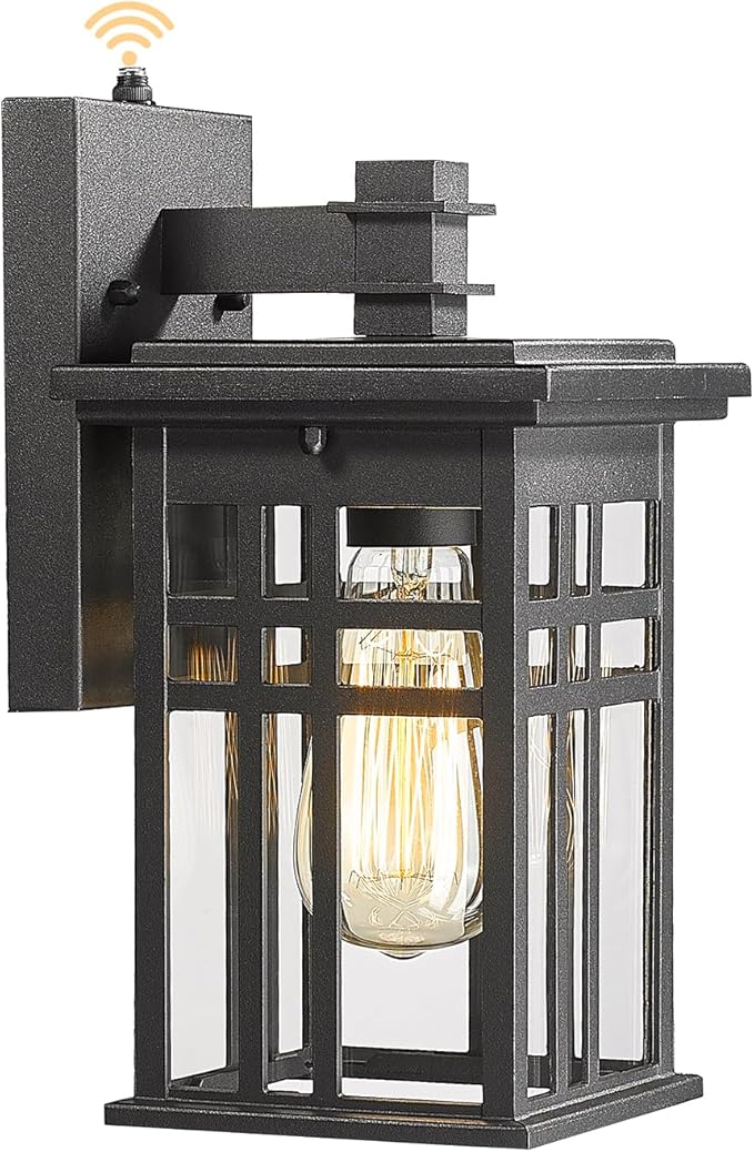 Dusk to Dawn Sensor Outdoor Wall Sconce Lantern, HWH Exterior Wall Mounted Lamp Porch Light Fixture with Clear Glass Shade, Matte Black Finish for Garage Doorway Garden, 5HD27B-PC BK