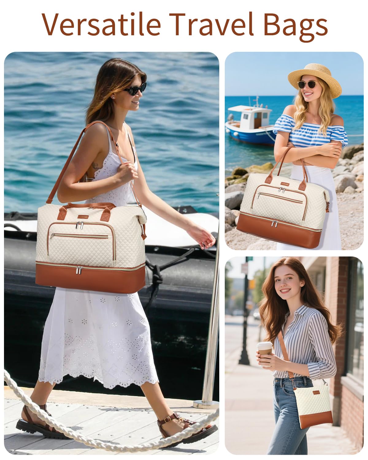 CLOKARS Weekender Bags for Women, Travel Tote Duffle Bag Carry On Overnight Bag with Cosmetics Bag and Crossbody Purse for Gym Hospital, Gifts for Women, Beige Brown