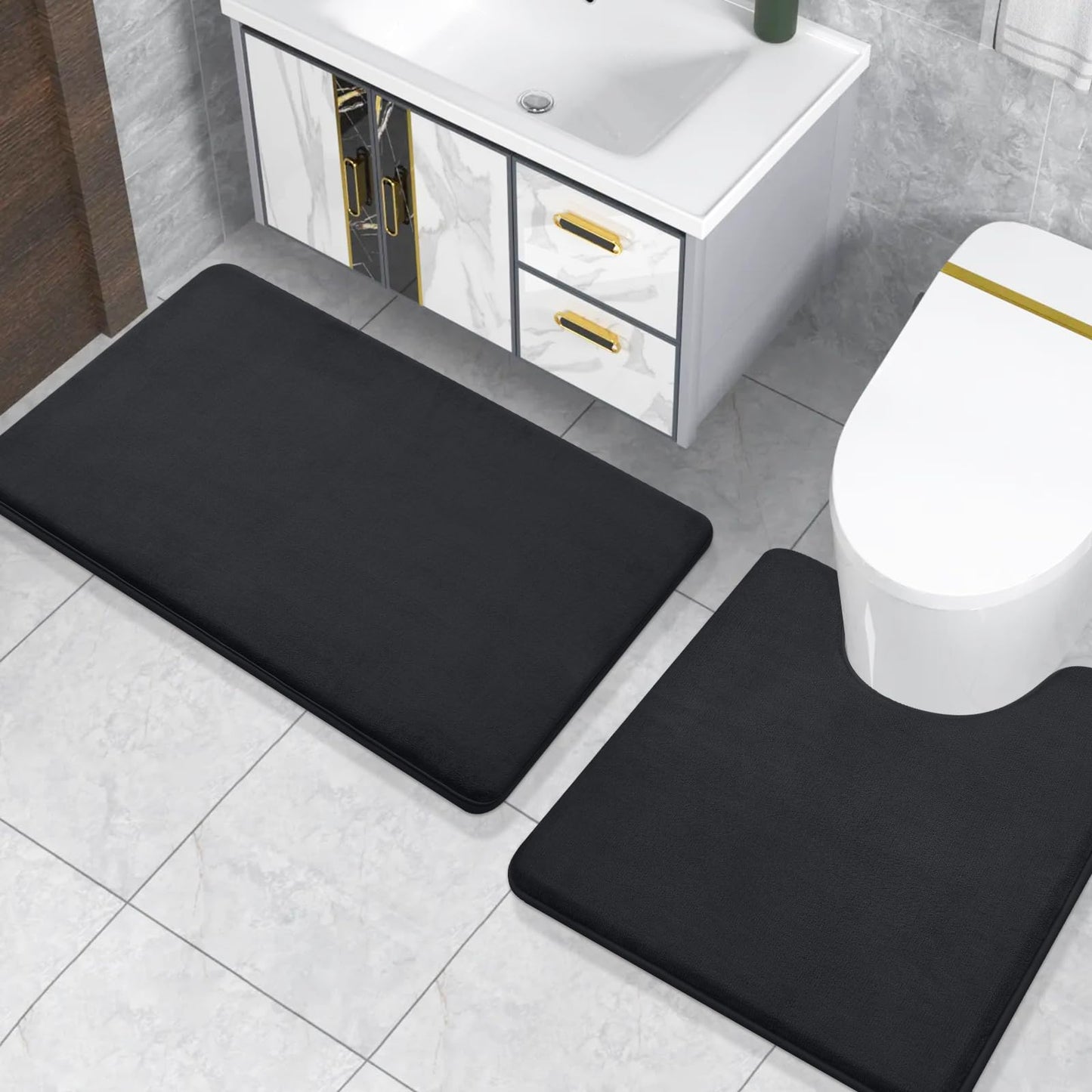 Smiry Memory Foam Toilet Rugs U-Shaped 24x20, Extra Soft Absorbent Non-Slip Contour Bathroom Rugs, Machine Washable Bath Mats for Toilet, Black