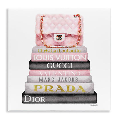 Stupell Industries Watercolor High Fashion Bookstack Padded Pink Bag Wall Plaque Art, 12 x 12, Pink, for Bedroom