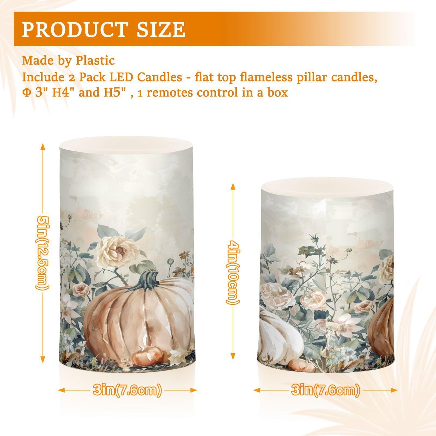 ALAZA Autumn Pink Pumpkins Floral Flickering Flameless Candles Battery Operated with Remote Timer,Tea Light Candles LED Pillar Votive Candles Set of 2 for Outdoor Indoor Decorations