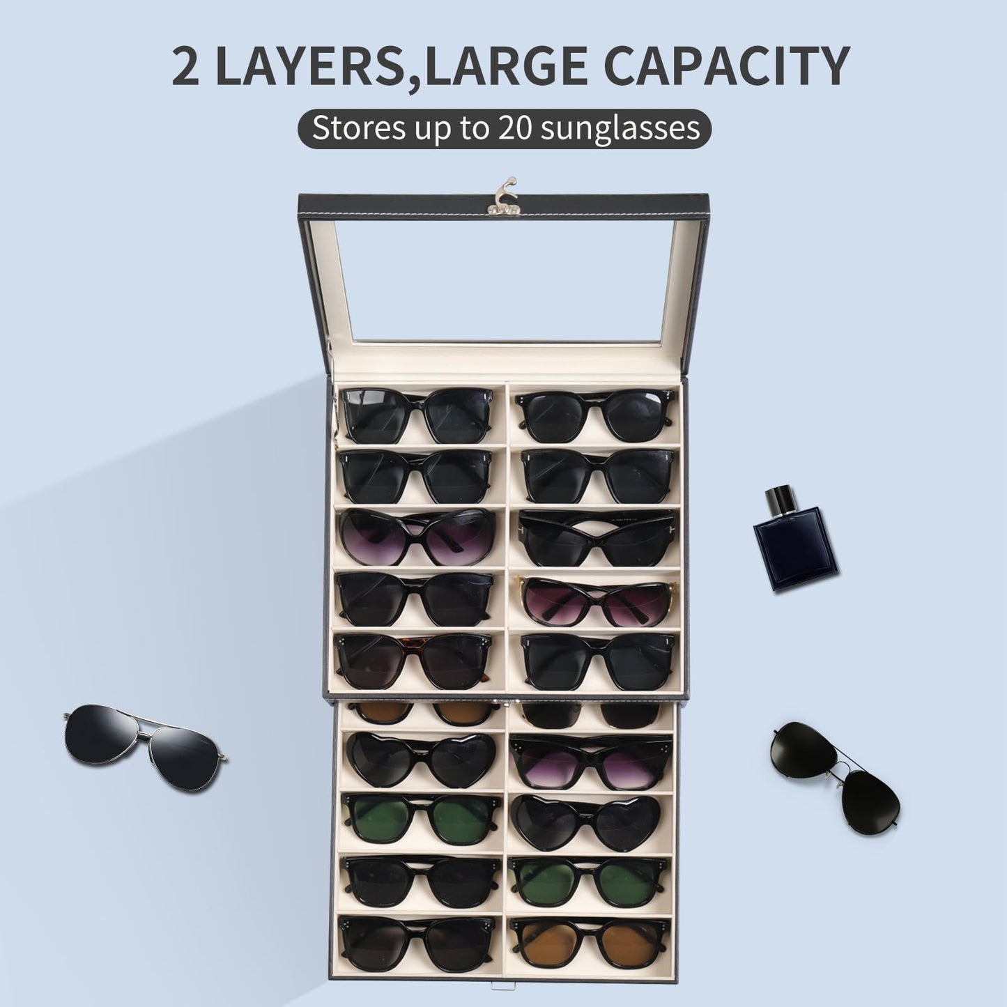 AUTOARK 2-Tier Lockable Glasses & Jewelry Organizer Case with Glass Top,20 Capacity PU Leather Display Box for Sunglasses,Watches,Rings,Ideal Gift for Home Office,Black,MKAW-301