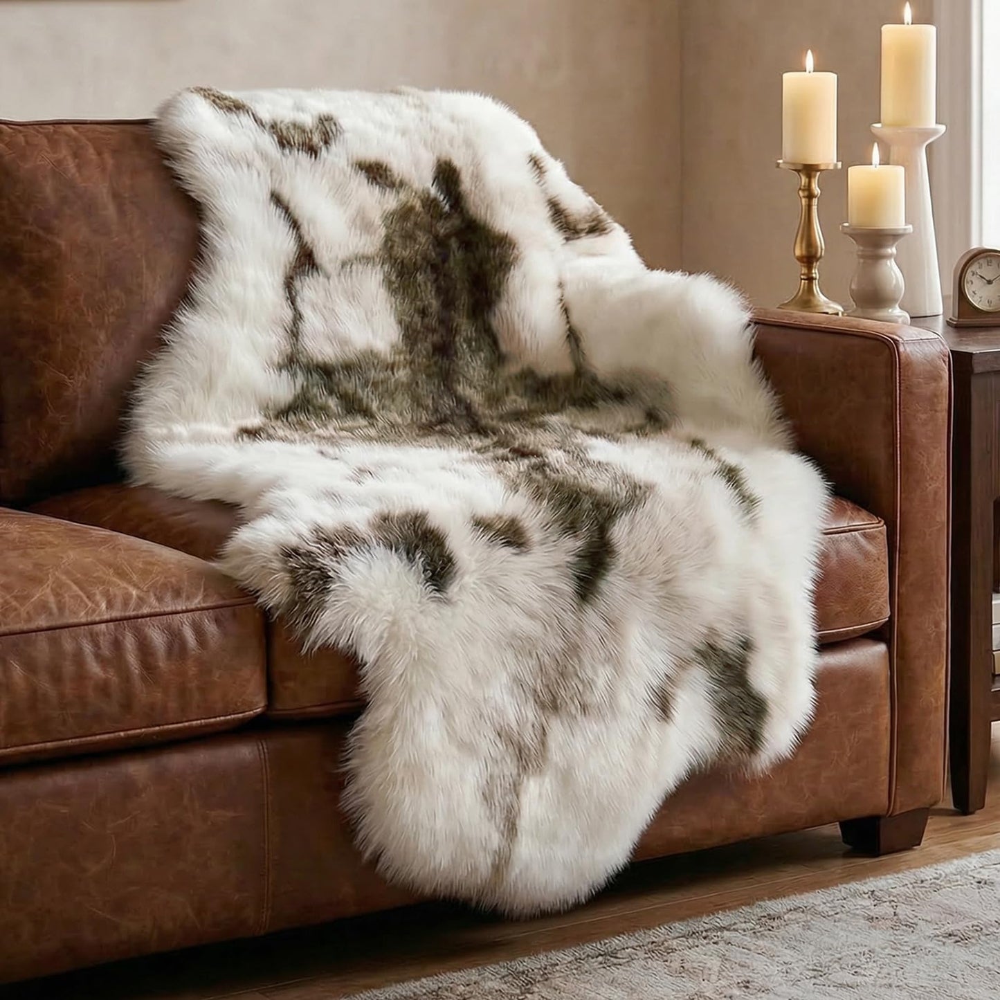 TIMBERHIDE Reindeer Pattern Faux Fur Area Rug,6.7'x2.3' Plush Machine Washable Runner for Fireplace & Bedside,High-Simulation Eco-Friendly Hide,Luxury Living Room Rug