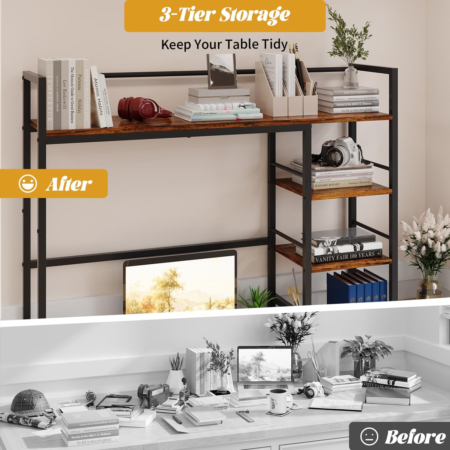 HavenlyYouth Desk Shelf, 38.6 Inch Wood Desk Organizer Shelf for Computer Monitor, Desk Hutch Storage, Desktop Shelf for Top of Desk, 3 Tier Desktop Bookshelf for Home Office Dorm, Rustic