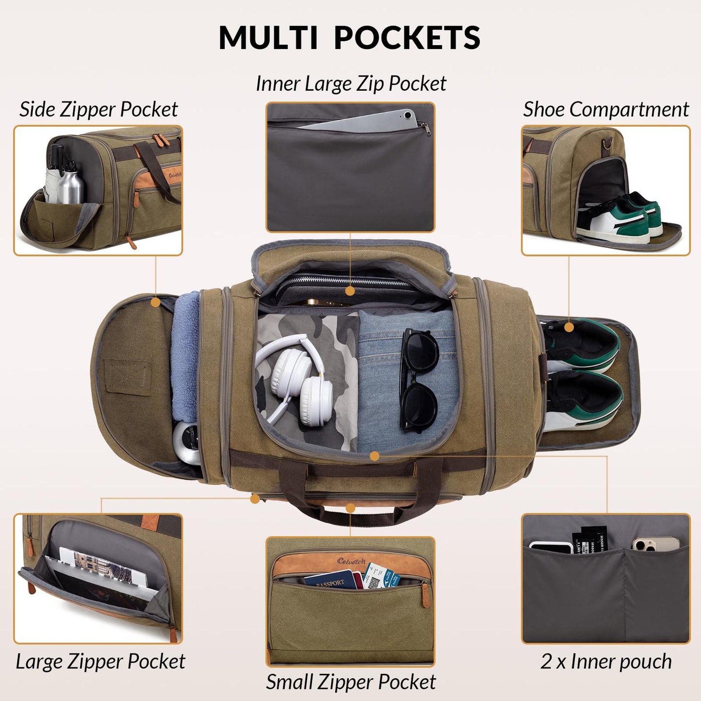 Celvetch Canvas Duffle Bag for Travel 50L Expandable Travel Duffel Bags for Men Women Weekender Overnight Bag with Shoes Compartment - Brown