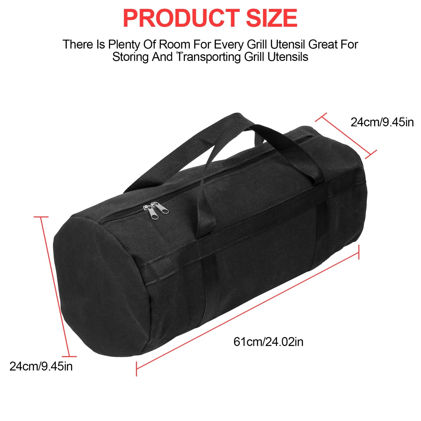 LEXICHER 24" Grill Tool Storage Bag, Canvas, Black, Unisex, Classic Style, 60x24x24 cm/24 * 9.4 * 9.4 inches, Zipper Closure, Hand Strap, Perfect for Outdoor Grilling, Camping, Hiking