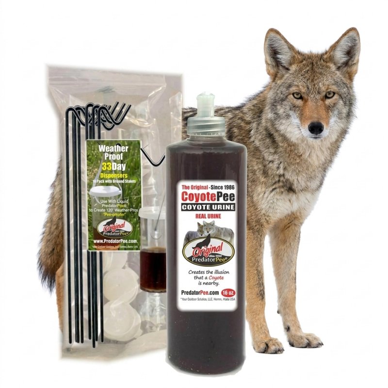 PredatorPee 100% Coyote Urine EZ Fill Squeeze Cap Bottle with 33 Day Dispensers, Territorial Marking Scent for Outdoor Use, Creates Predator Presence Illusion for Deer Raccoons Groundhogs Rats, 16 Oz