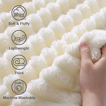 decorUhome Soft Fleece Cream White Blanket King Size for Bed, Cozy Fluffy Plush Flannel Large Striped Throws for Couch Sofa, Lightweight Decorative Fuzzy Blanket for Woman, 108x90 Inches