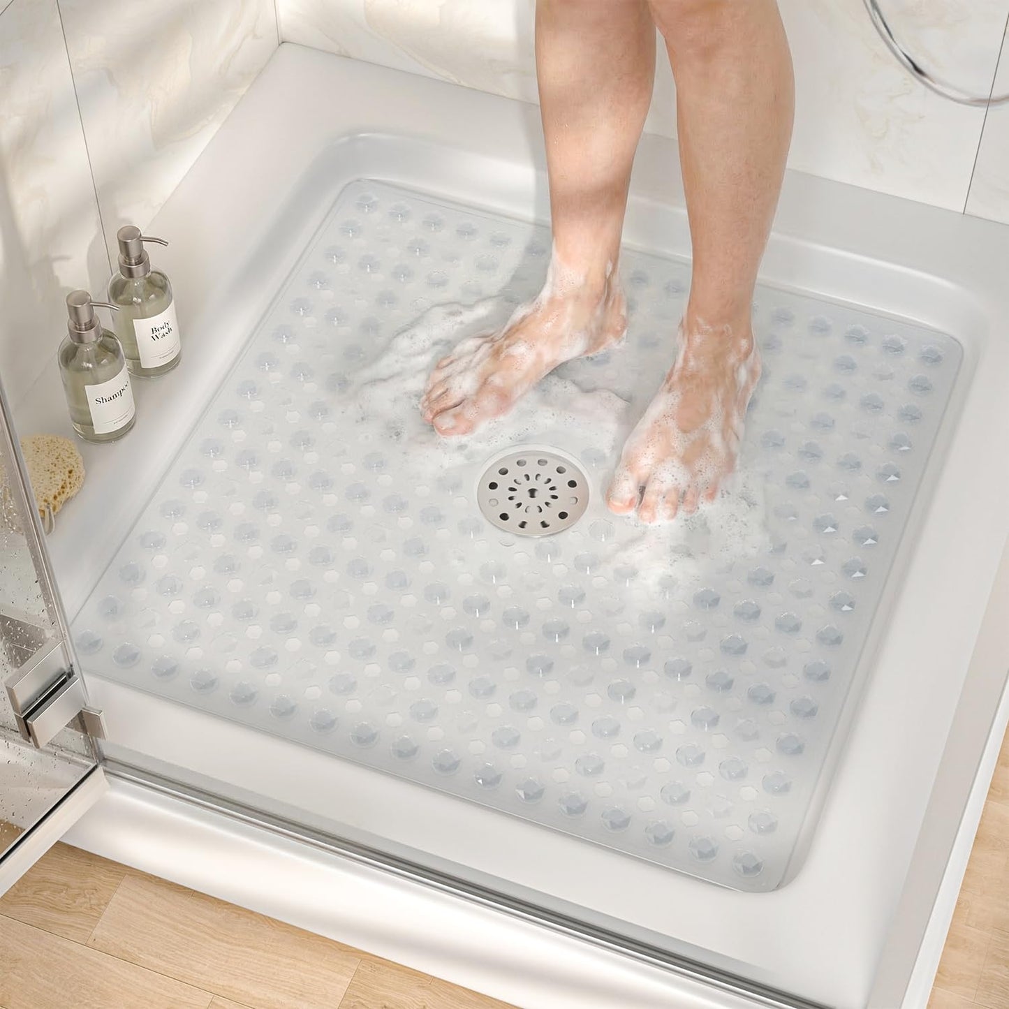 HITSLAM Non Slip Shower Stall Mat with Center Drain Hole, Diamond Textured PVC Bath Mat for Inside Shower, Machine Washable, Strong Suction Cups for Bathroom Bathtub Mat, 24x24 Inch, Clear