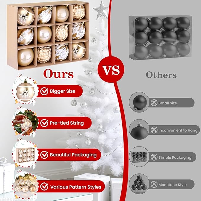 EveryMerry 12-Pack 3.15 Inch Christmas Ornaments Set - Champagne White Ornament Balls with 5 Various Designs with Strings, Sturdy, Kraft Box with Lid for Xmas Tree, Holiday Party & Home Decor